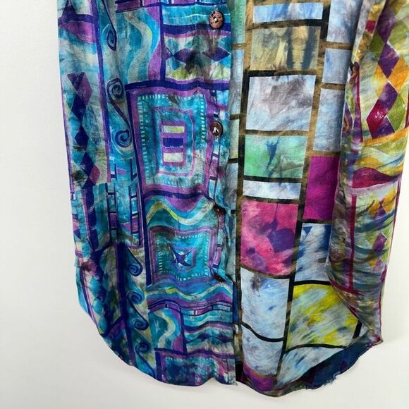 URU Women’s Dark Multi Watercolor Abstract Sleeveless Button Front Tank Blouse - Picture 7 of 8